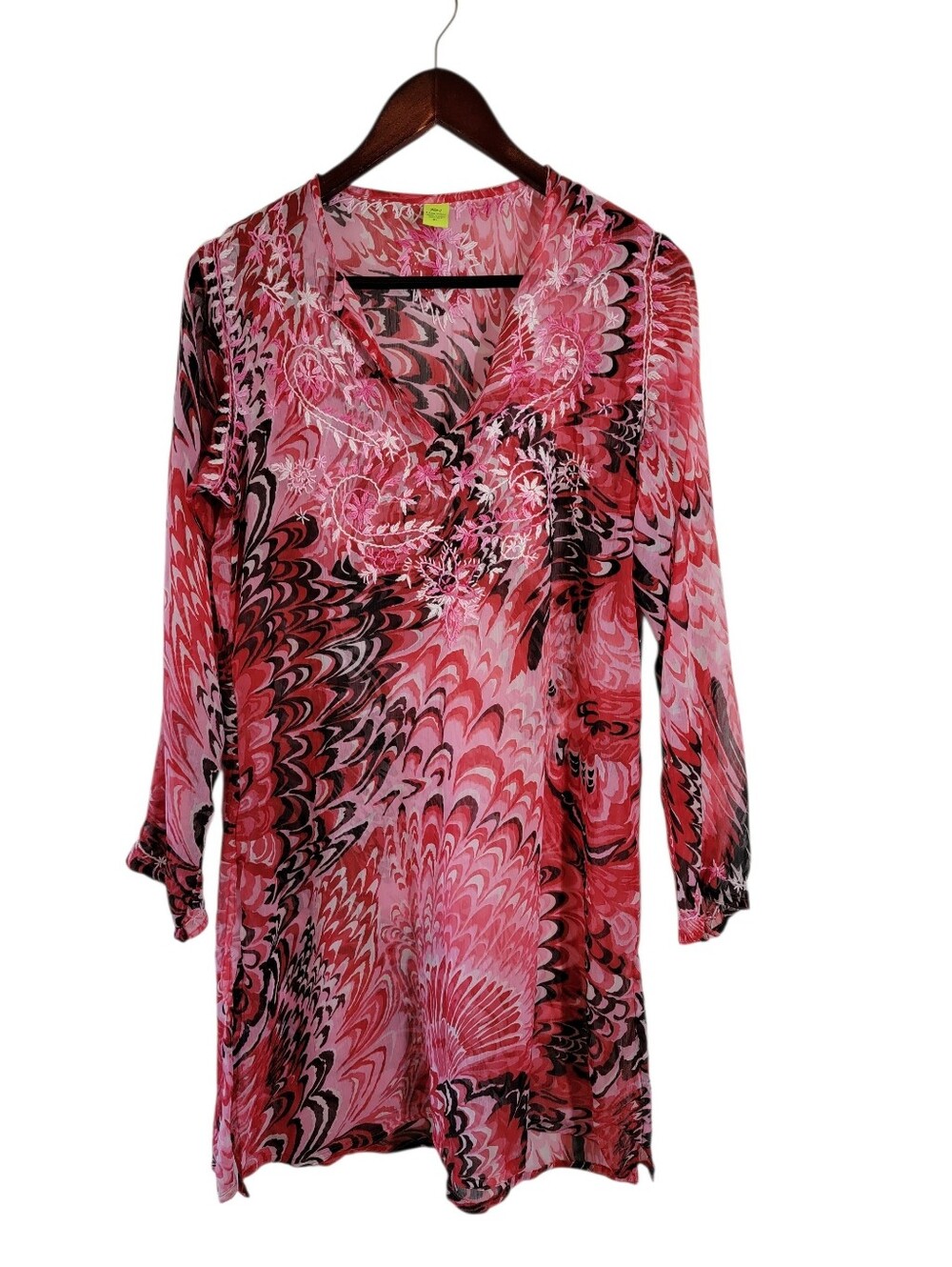 Raj Red Floral Embroidered 100% Silk Beach Tunic Dress XL Layering Vacation LS